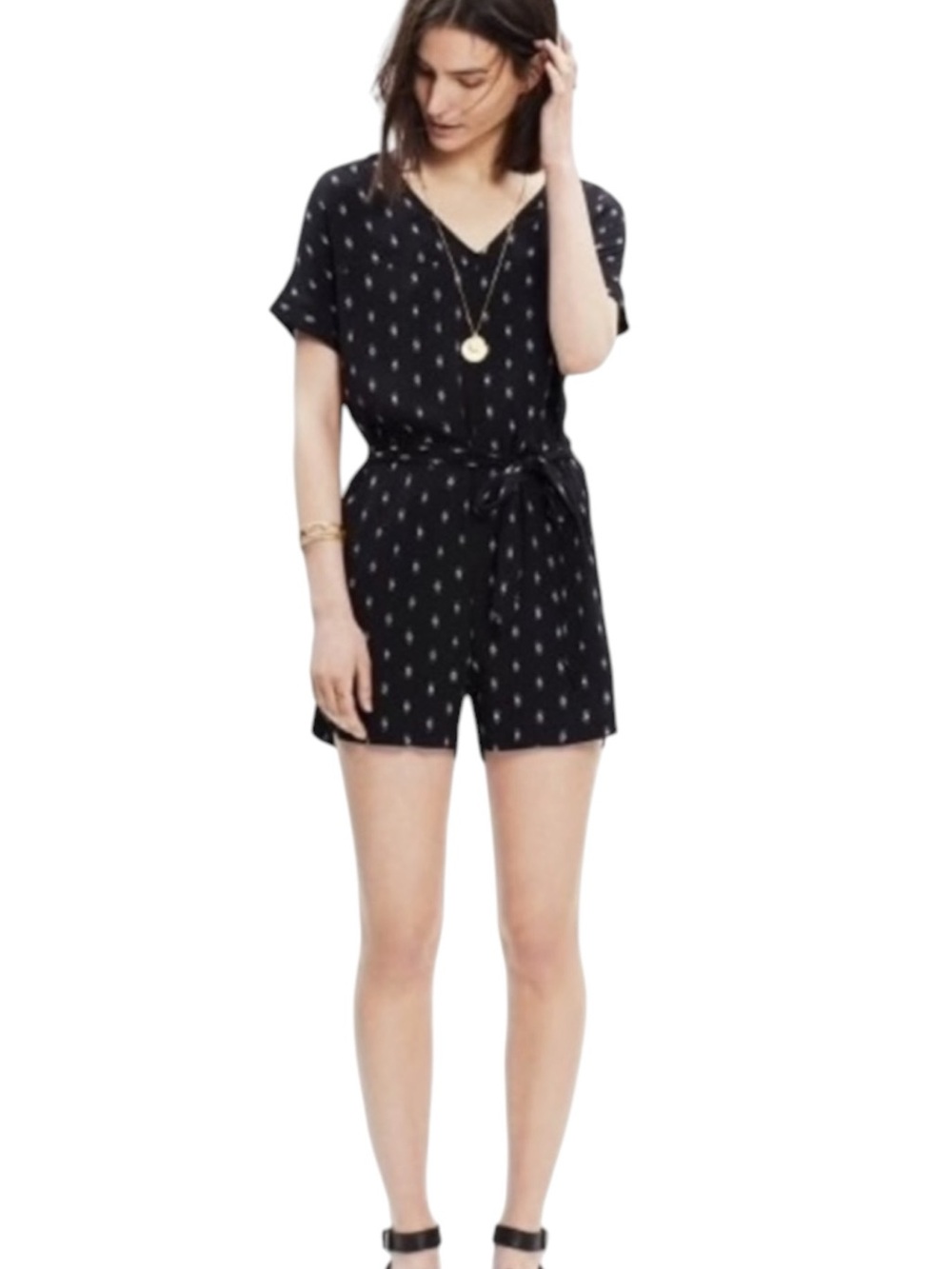 MADEWELL Perimeter Romper Diamond Stitch Black White Tie Waist Pockets Small